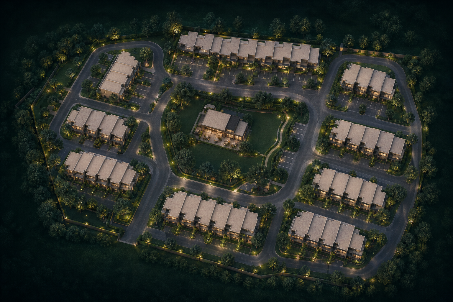 Bird's-eye site plan of a residential estate with unit markers